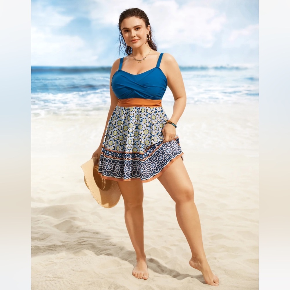 BLOOMCHIC NEW Geometric Print Patchwork Twist Front Swim Dress Adjustable Top 24